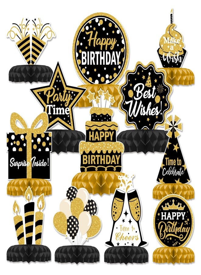 TMTECHJS 12 Pcs Birthday Table Decorations Glitter Black and Gold Birthday Decorations Honeycomb Centerpieces for Table Decor Girls Boys Women Men Party Supplies - Image 1